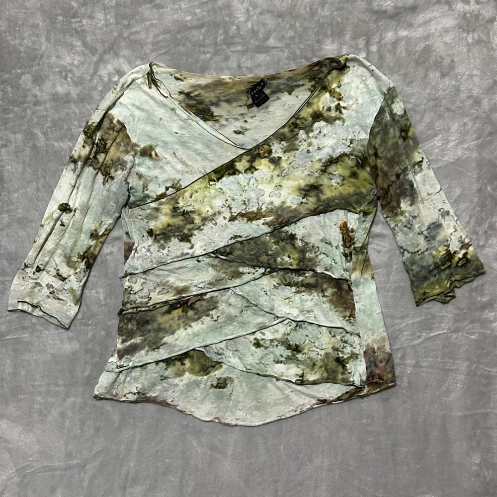 Dunia Green Tie Dye Cotton Knit Top Small Womens Large Cotton 3/4 Sleeve Y2K